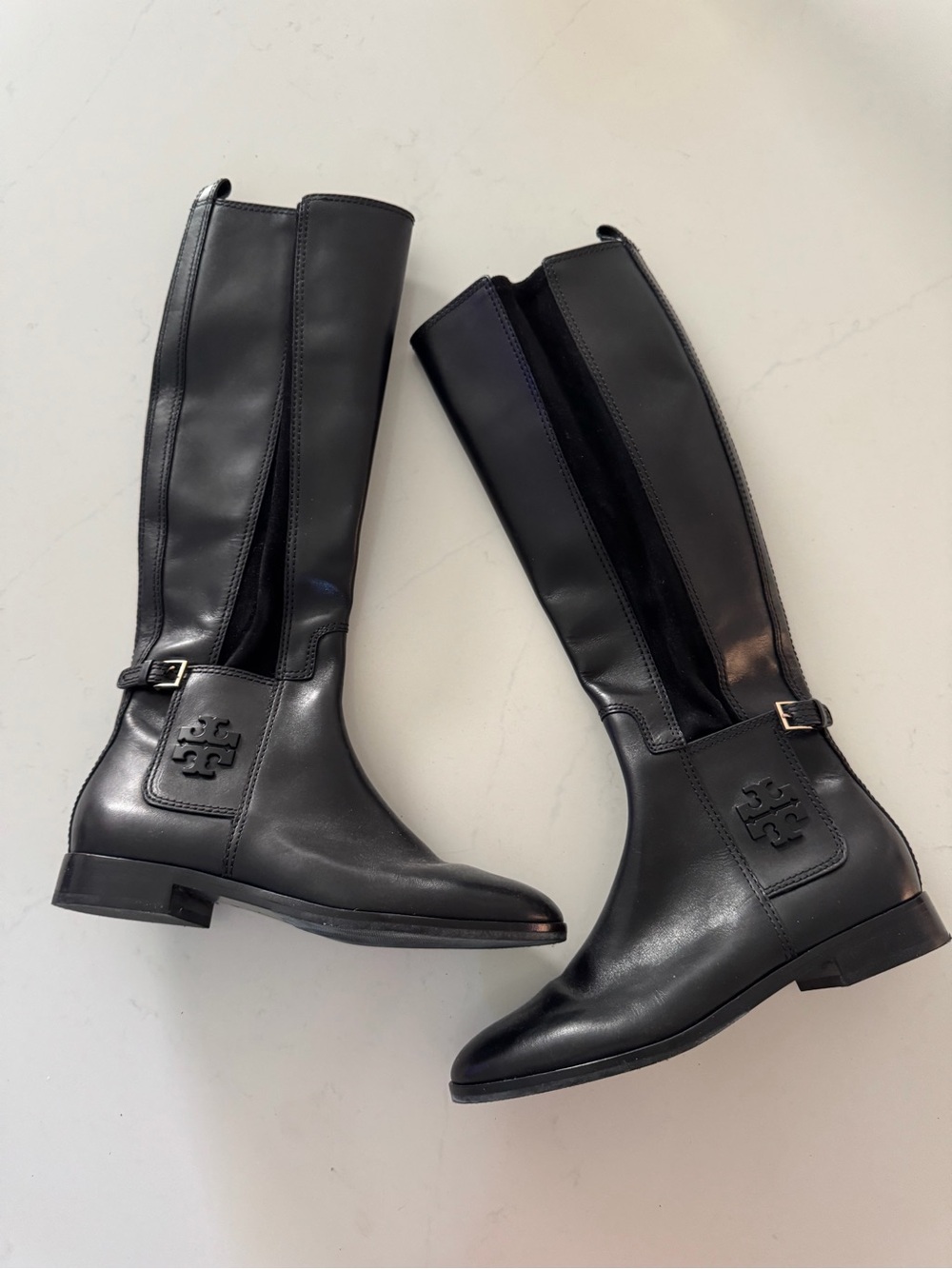 Tory Burch Black Leather Over-the-Knee Boots with Logo Detail